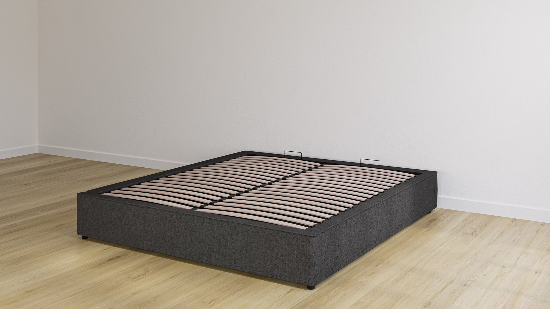 Lit de rangement Emma en tissu couleur sable, base relevée ouverte pour montrer les lattes en bois et les poignées de levage.