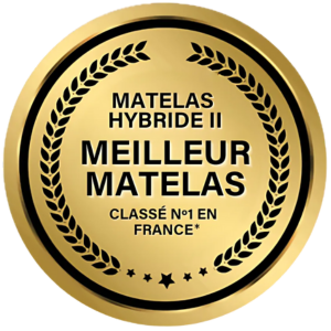 Sceau doré orné de feuilles de laurier, avec l’inscription 'MATELAS HYBRIDE II MEILLEUR MATELAS CLASSÉ N°1 EN FRANCE'.
