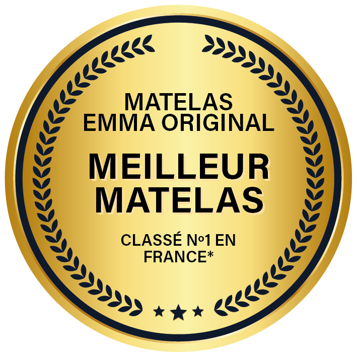 Sceau doré orné de feuilles de laurier, avec l’inscription 'Matelas Emma Original MEILLEUR MATELAS CLASSÉ N°1 EN FRANCE'.