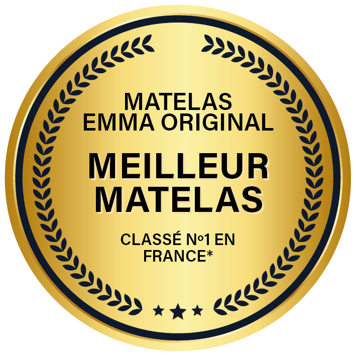Sceau doré orné de feuilles de laurier, avec l’inscription 'Matelas Emma Original MEILLEUR MATELAS CLASSÉ N°1 EN FRANCE'.