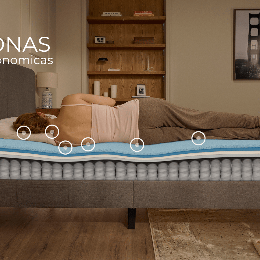 Tecnología ergonómica del colchón Emma ThermoSync que distribuye la presión corporal y favorece una postura correcta al dormir.