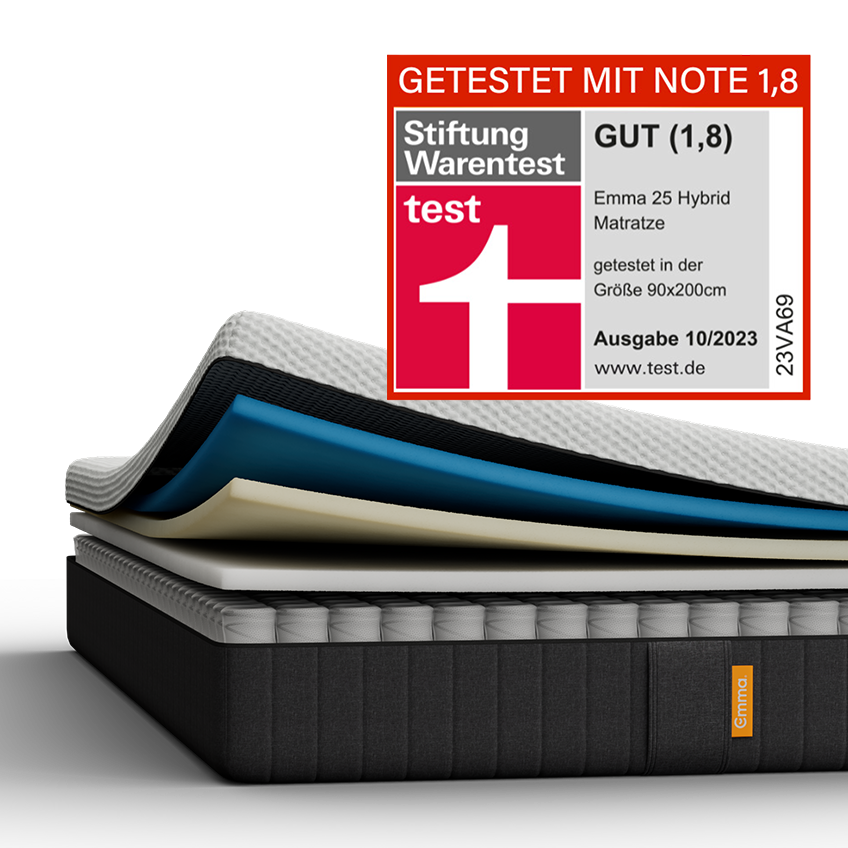 Aufgeschnittene Emma 25 Hybrid Matratze mit sichtbaren Schichten.