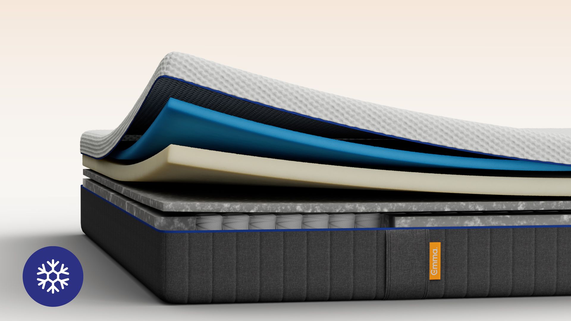 Emma Original mattress layers view showing multiple foam layers including a blue foam layer, with a cooling badge.