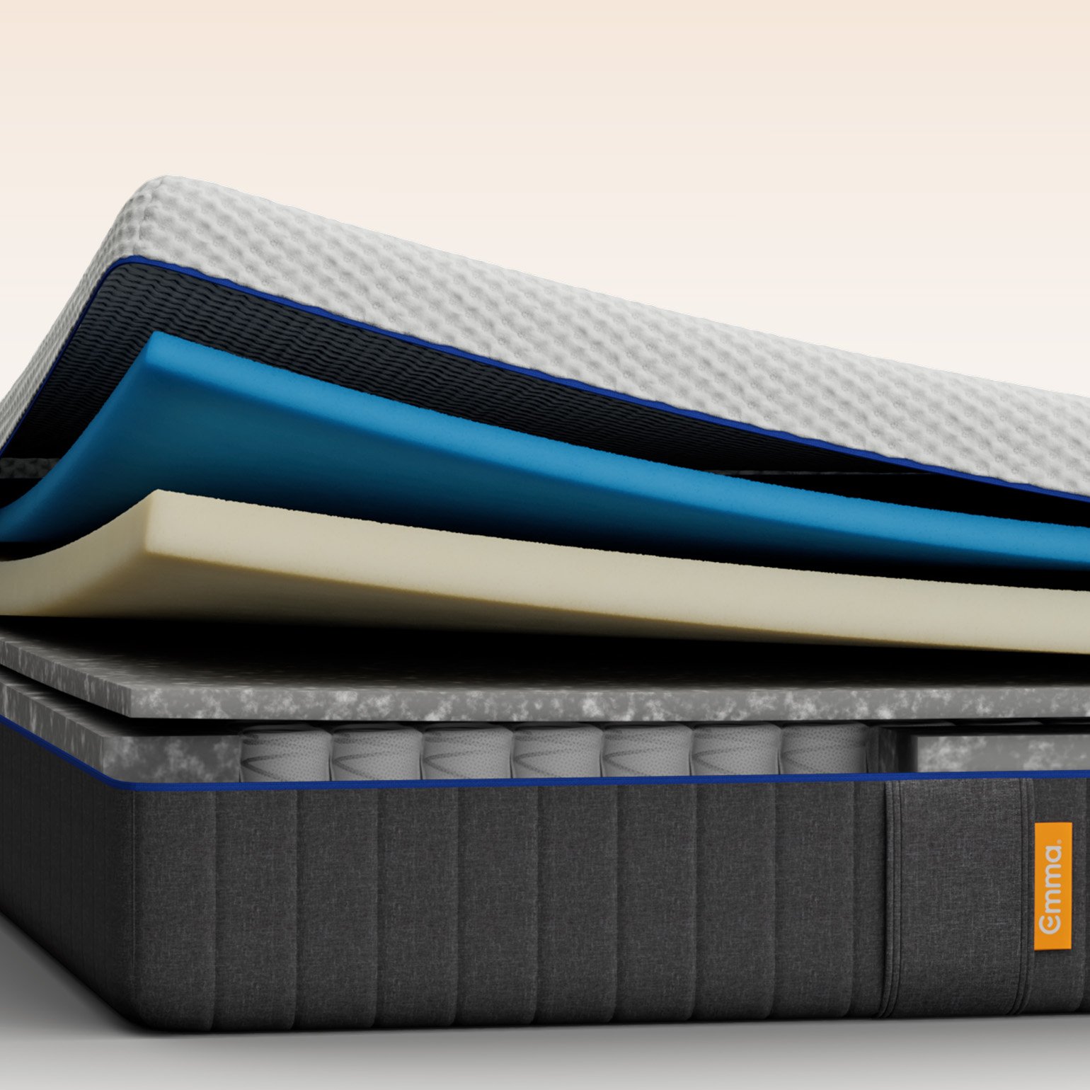 Emma Original mattress layers view showing multiple foam layers including a blue foam layer, with a cooling badge.