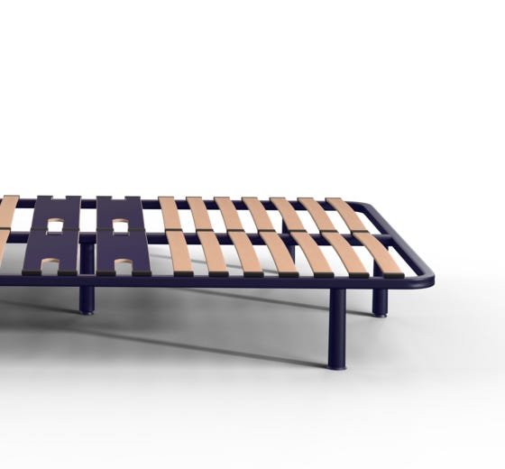 Emma Essential Bedframe met donkerblauw metalen frame en houten lattenbodem.