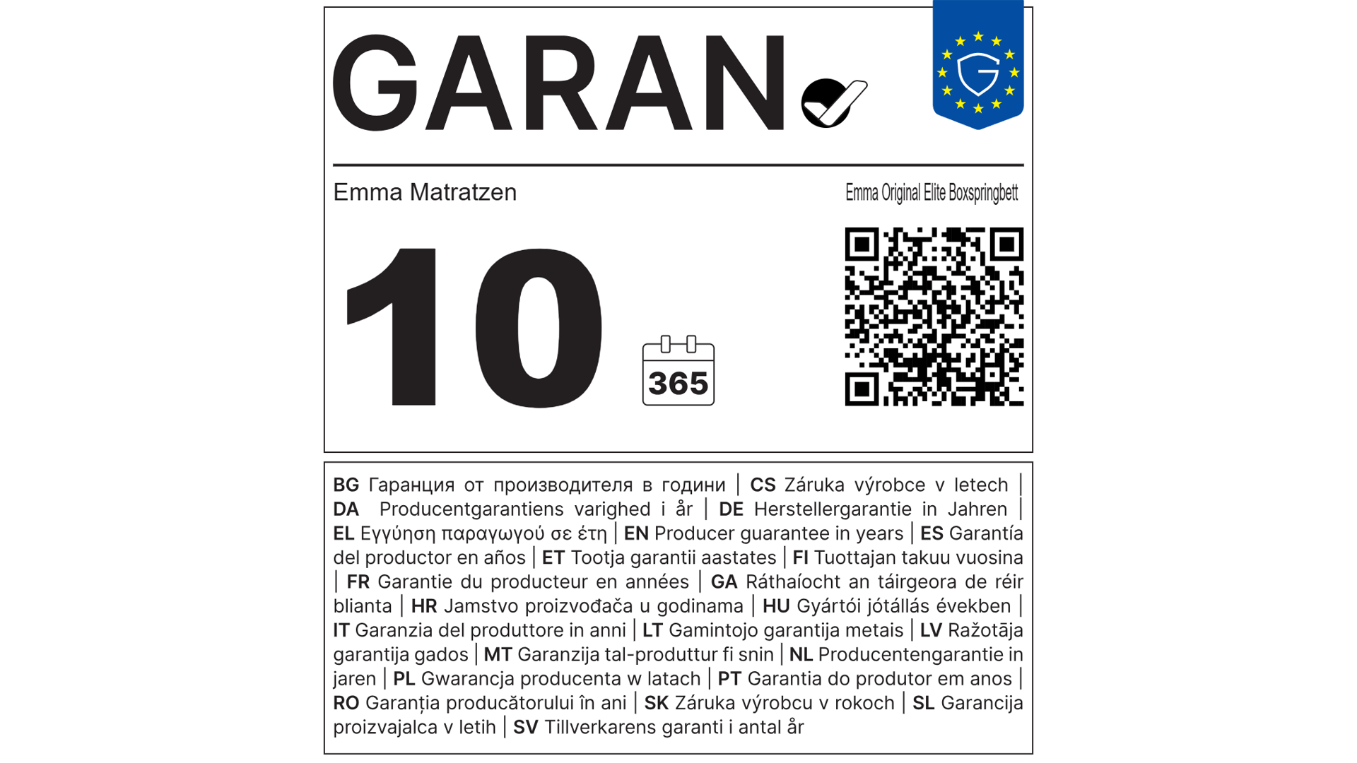 Emma Matratzen – Emma Original Elite Boxspringbett – Herstellergarantie in Jahren: 10 Jahre