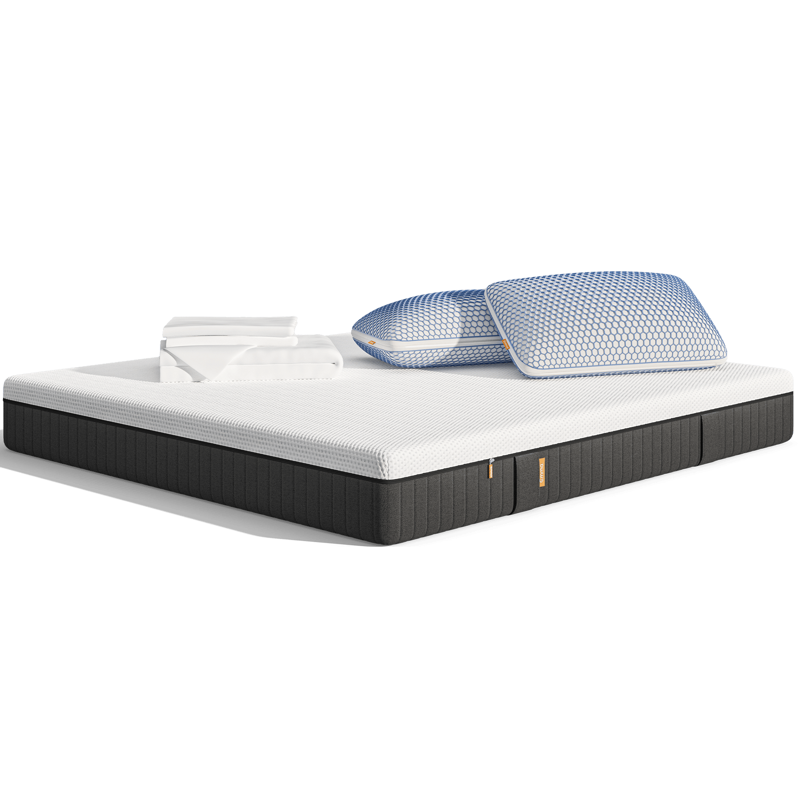 Uma imagem do Pack Cooling Pro+ Plus, que inclui um colchão Emma Original Pro+, almofadas Original Microfibra Elite, um protetor de colchão, e roupa de cama branca