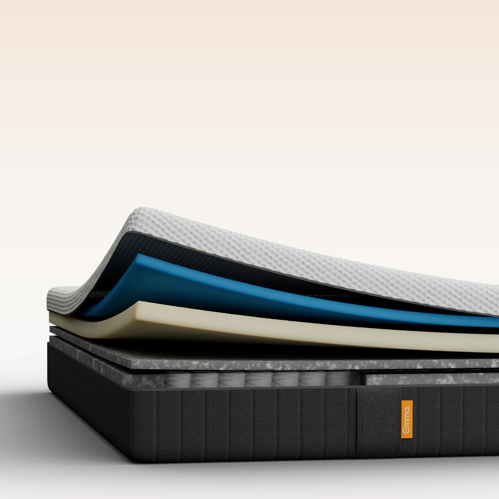 Emma Original mattress layers view showing multiple foam layers including a blue foam layer.
