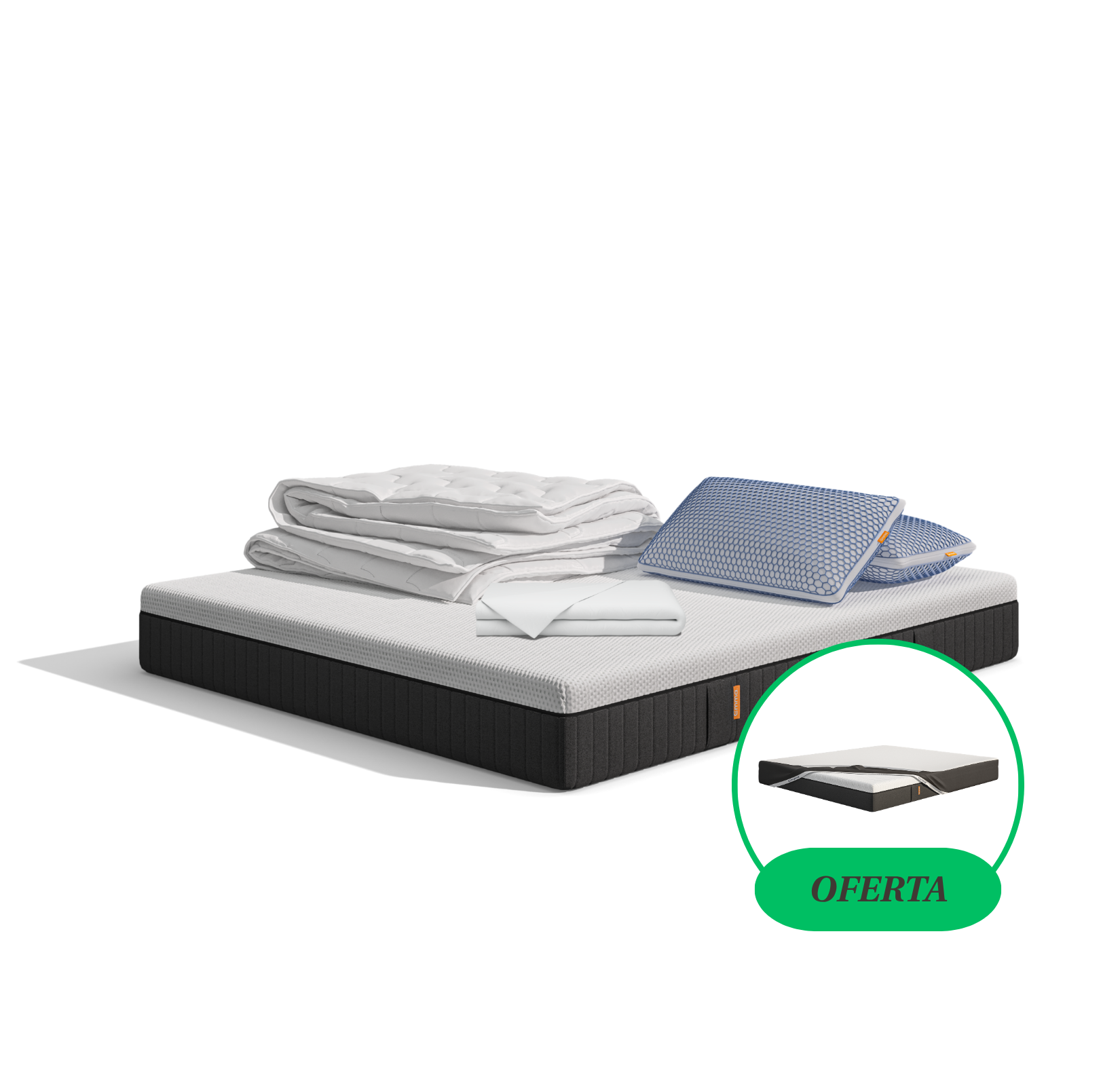  Uma imagem do pack Conforto Premium Plus, que inclui um colchão Emma Hybrid Premium+, almofadas Microfibra Zero Gravity, um edredon Emma Quente, e roupa de cama branca