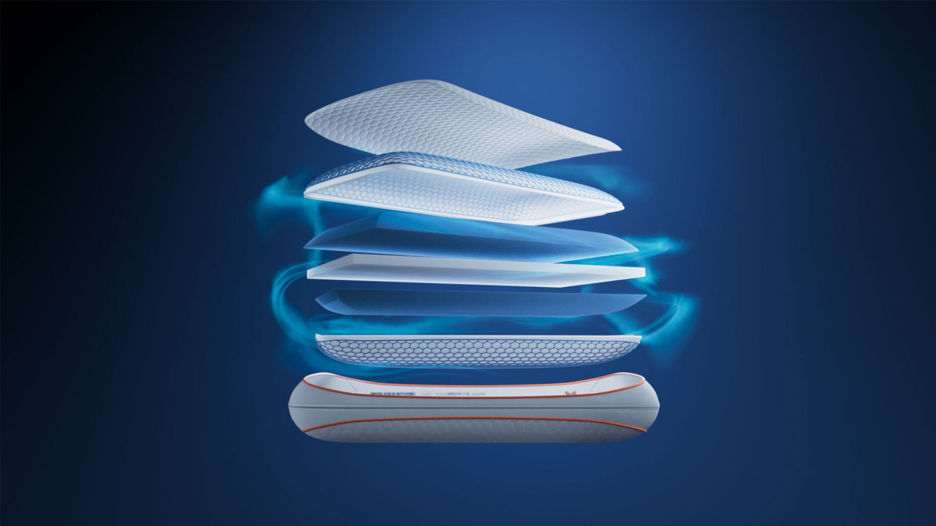 Emma Performance Adapt Pillow exploded view showing AirGrid, foam layers, and orange-trim base on dark blue background.