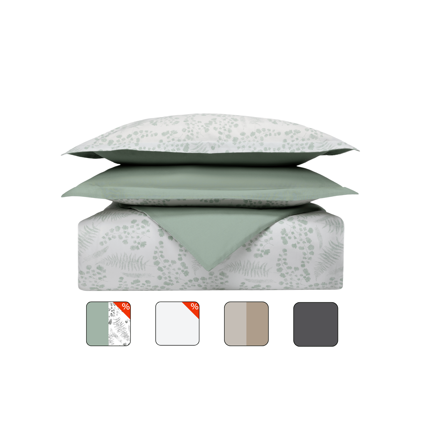 Uma imagem de um conjunto de roupa de cama Emma, mostrando fronhas de almofada e uma capa de edredon, em percale, em verde eucalipto, com um fundo branco