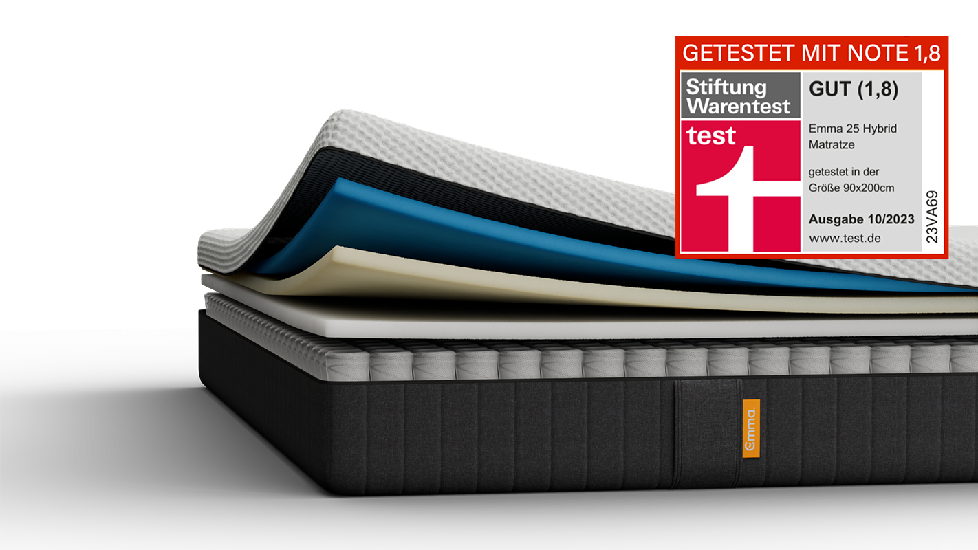 Aufgeschnittene Emma Matratze mit sichtbaren Schichten.