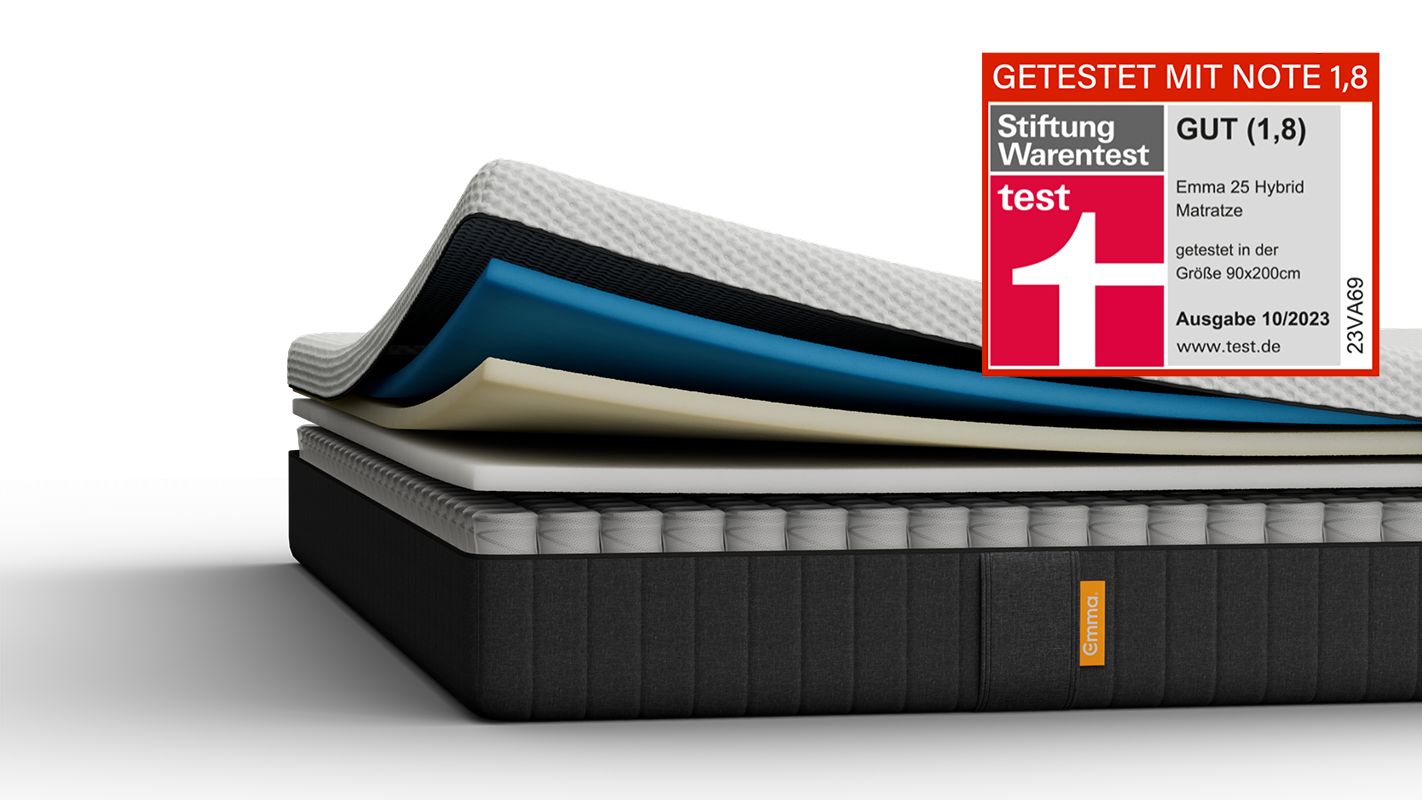 Aufgeschnittene Emma Matratze mit sichtbaren Schichten.