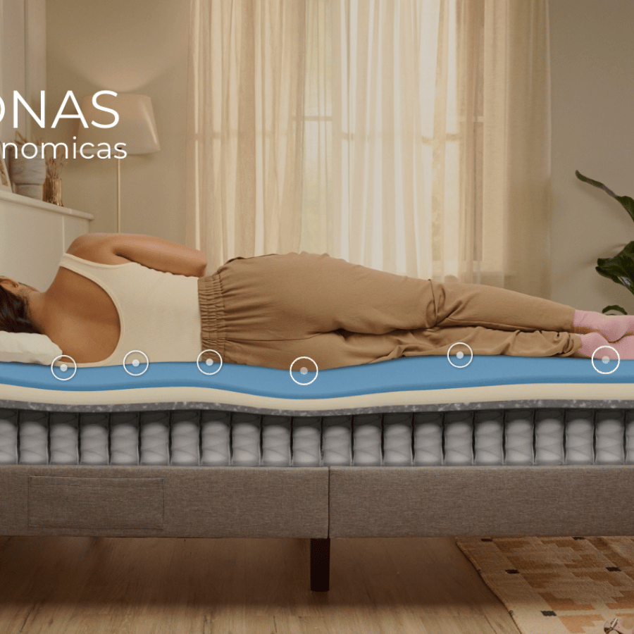 Diseño ergonómico del colchón Emma Hybrid Premium que ayuda a aliviar puntos de presión y mejorar la alineación corporal.