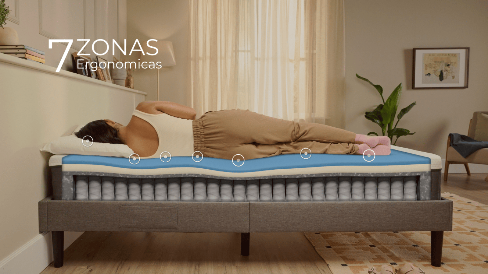 Diseño ergonómico del colchón Emma Hybrid Premium que ayuda a aliviar puntos de presión y mejorar la alineación corporal.