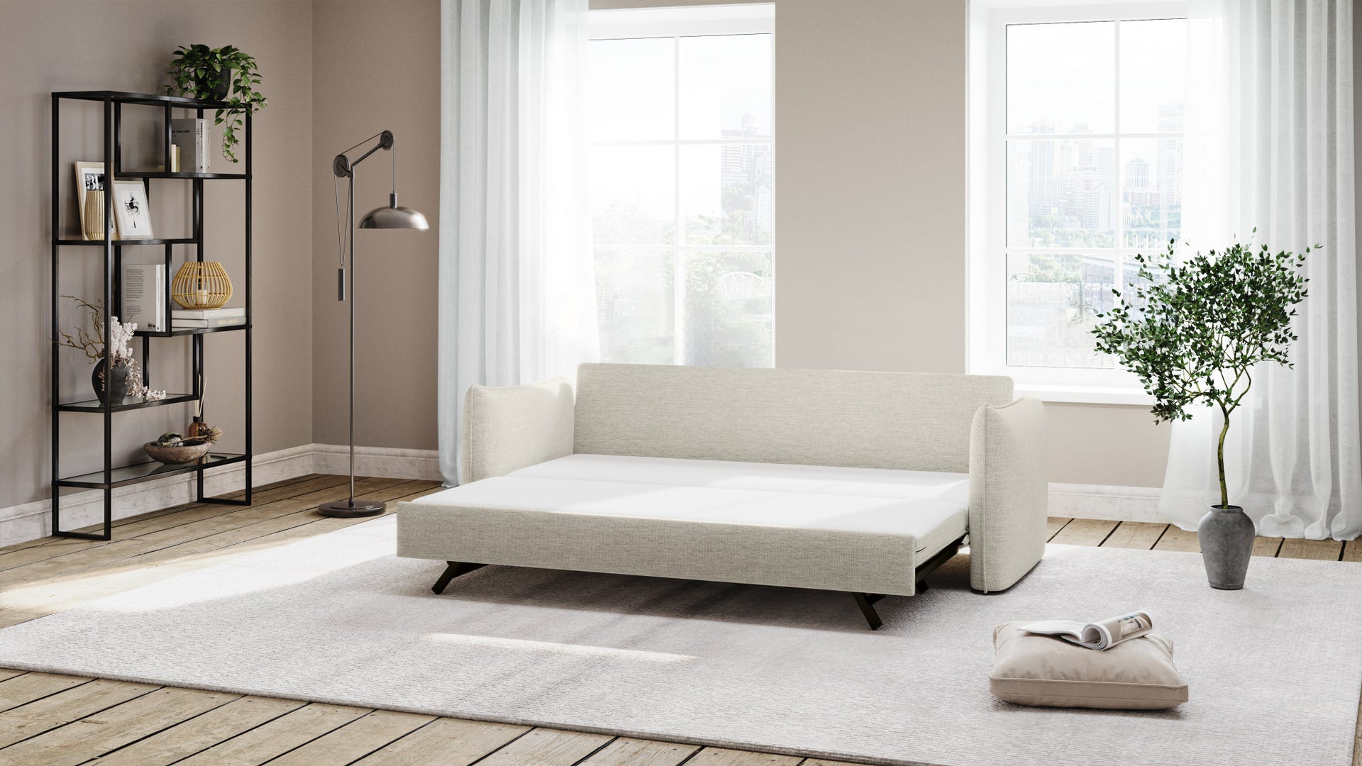 Beiges Emma Standard Schlafsofa ausgeklappt.