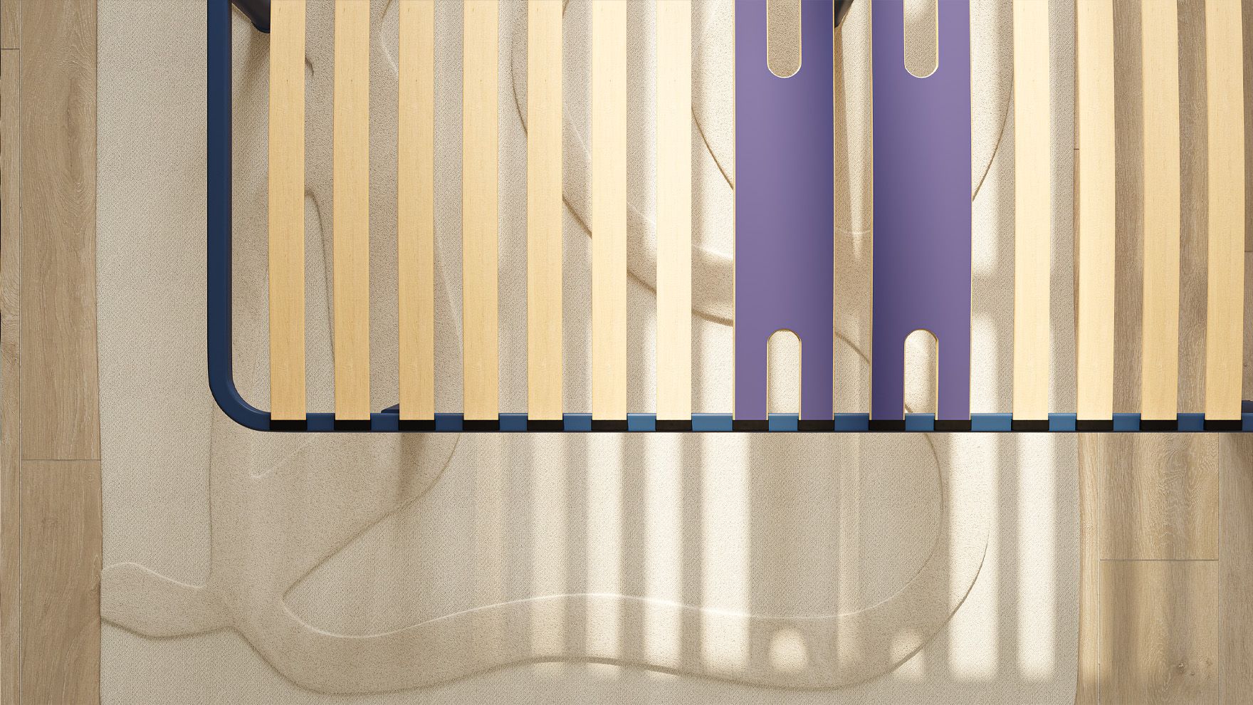 Vista dall’alto di una rete letto con doghe in legno e gambe in metallo