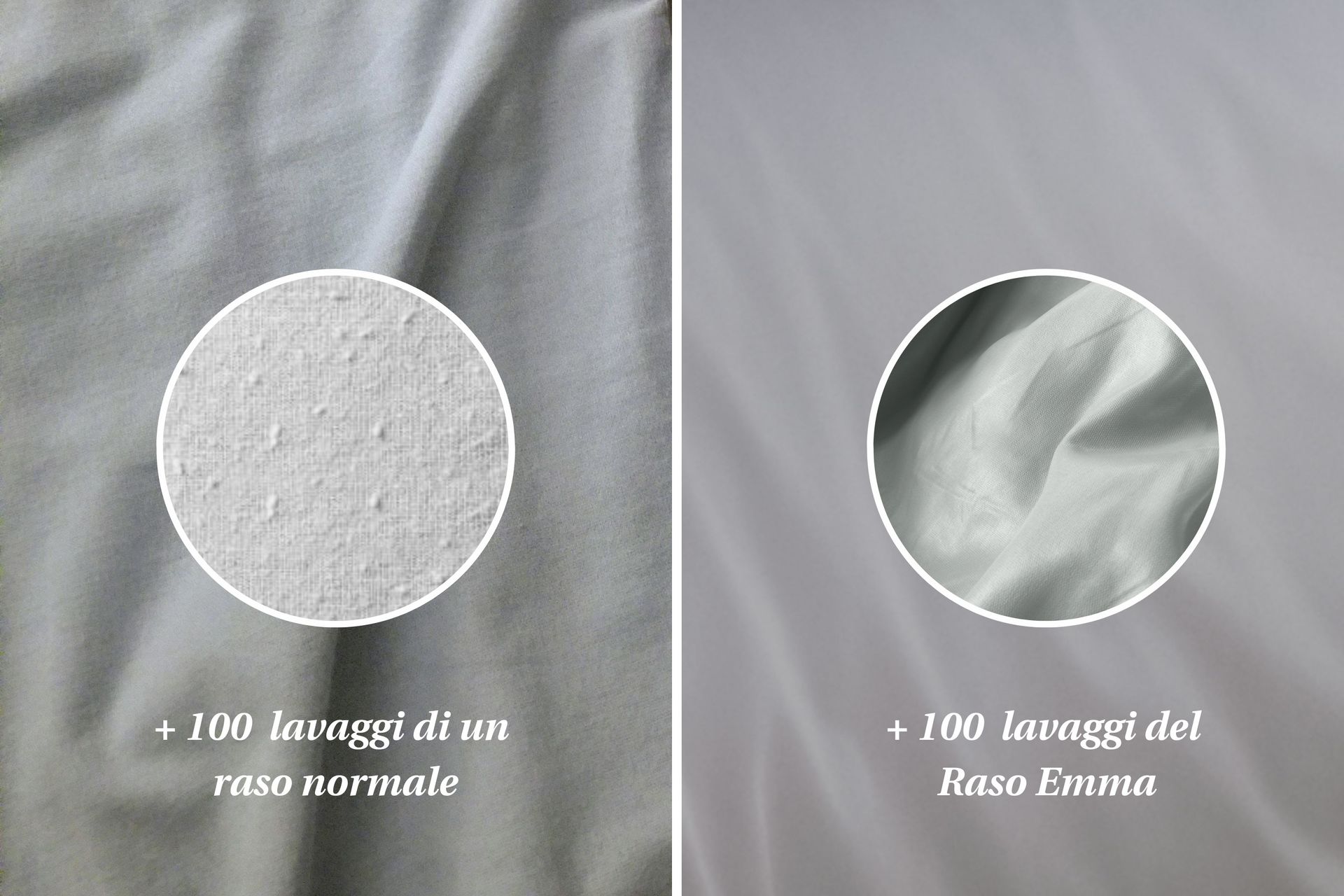 Confronto tra tessuti dopo 100 lavaggi: a sinistra raso normale usurato, a destra Raso Emma liscio.
