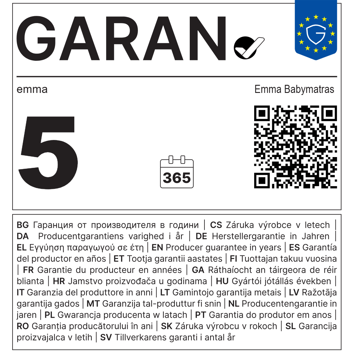 EU-garantielabel: 5 jaar garantie op de Emma Babymatras.
