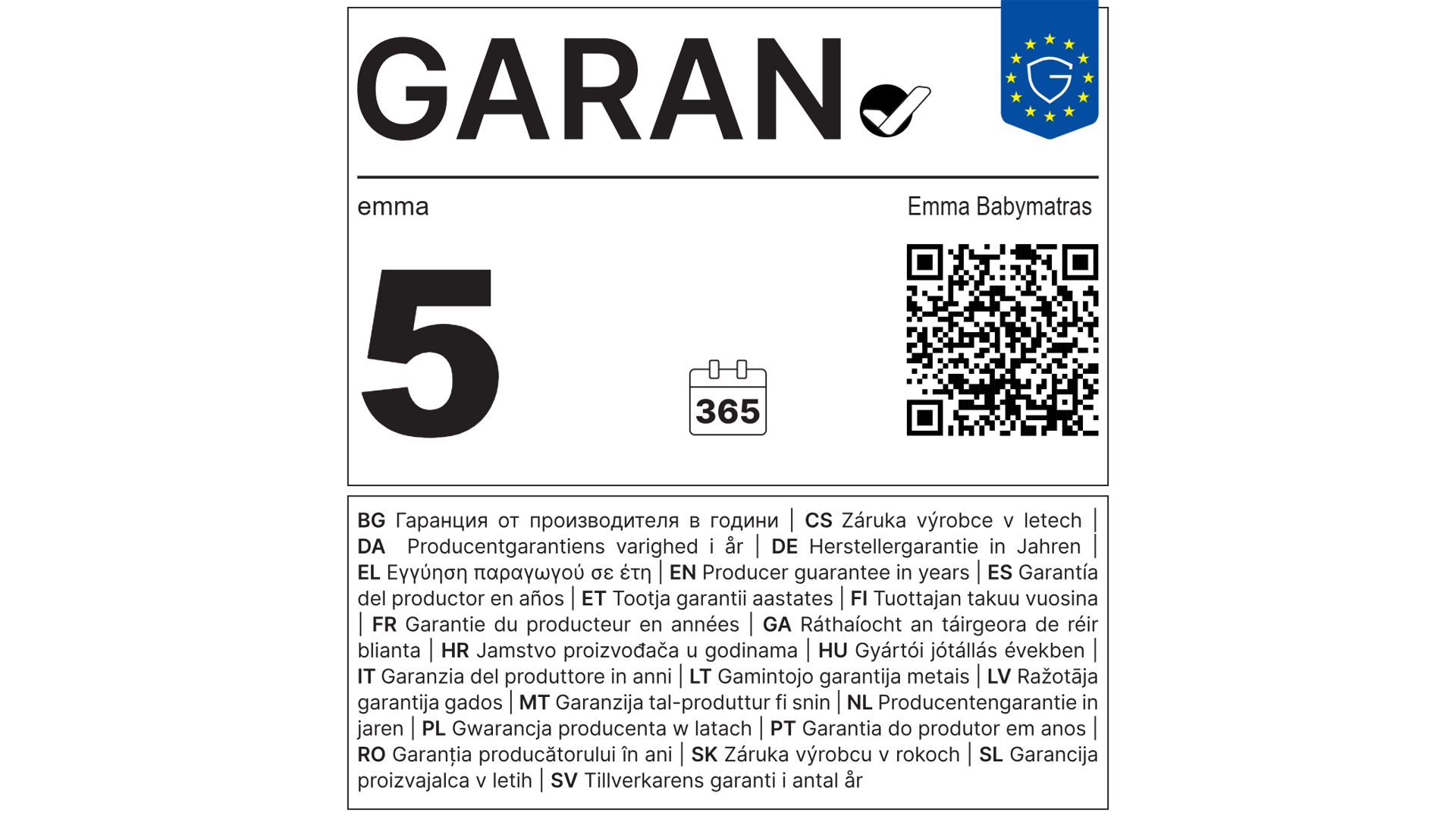 EU-garantielabel: 5 jaar garantie op de Emma Babymatras.