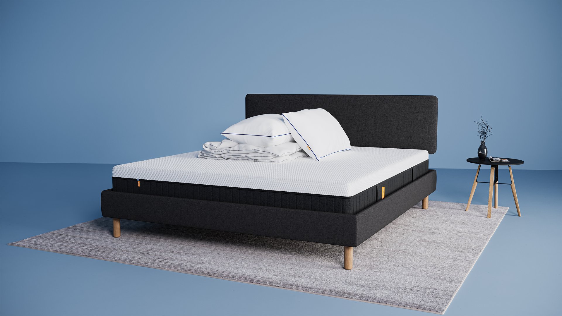 Emma Original Deal: donkergrijs Emma Original Bed met Hybrid-matras, twee Premium Wolkenkussens en een 4-seizoenen dekbed—een complete slaapoplossing voor optimaal comfort.