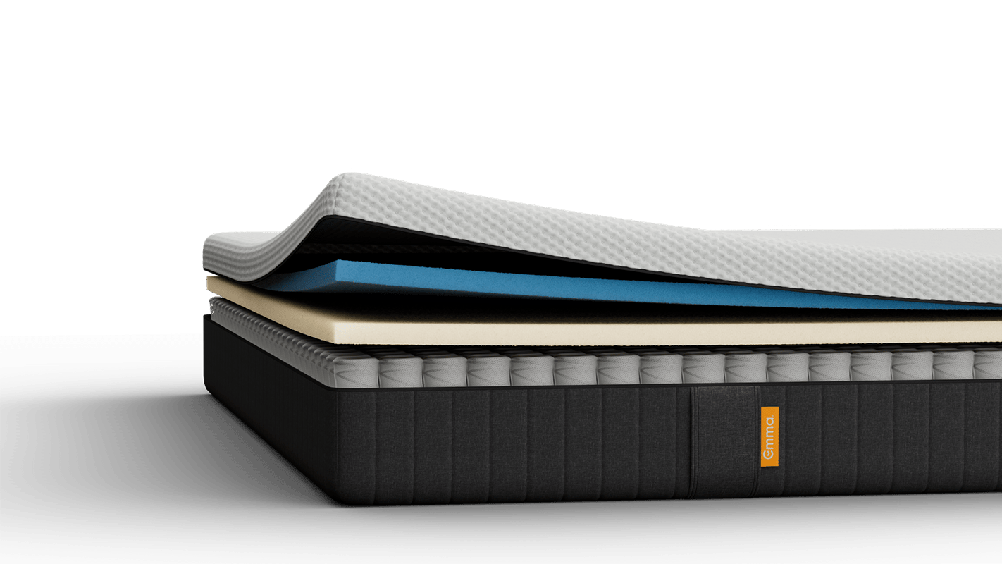 Grijs gestoffeerd bed met wit matras, in een slaapkamer.