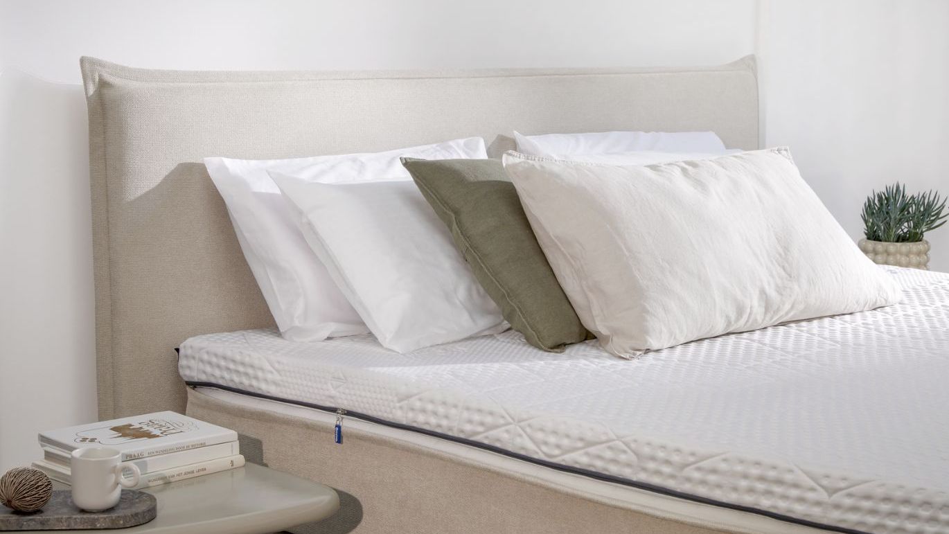 Letto rifatto con testiera beige, quattro cuscini e topper bianco testurizzato; comodino con libri, tazza e pianta decorativa