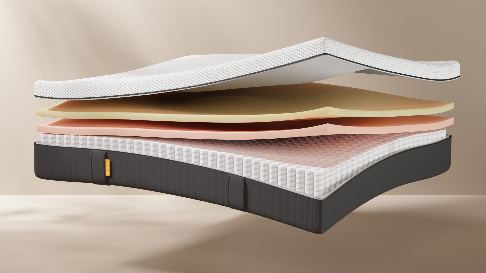 The Emma Original Mattress open and expanded, showing the mattresses' 4 layers.