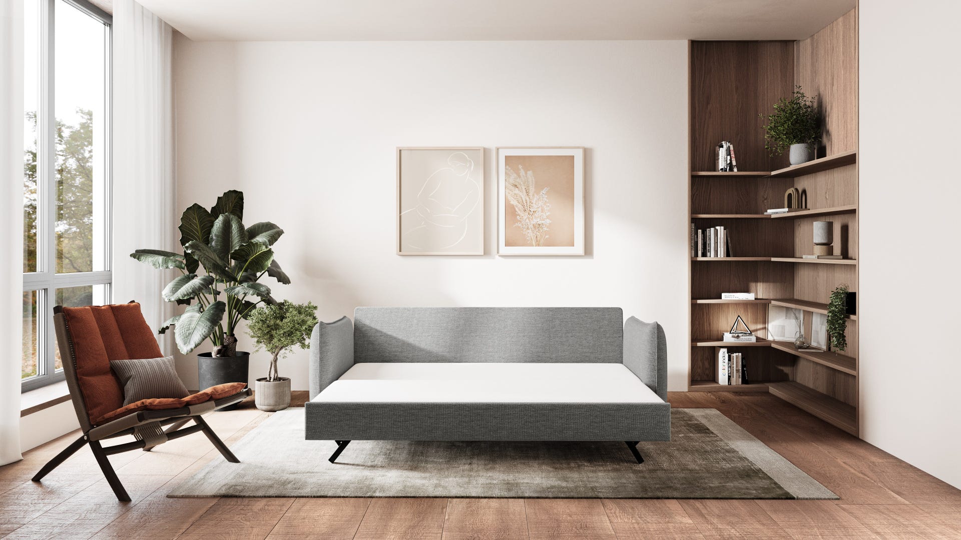 Graues Emma Standard Schlafsofa ausgeklappt.