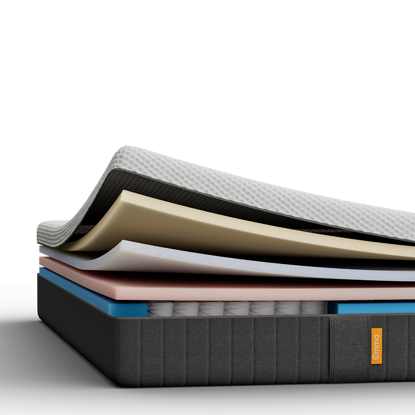 Emma Original mattress cross-section showing quilted cover peeled back to reveal foam layers and pocket spring base.
