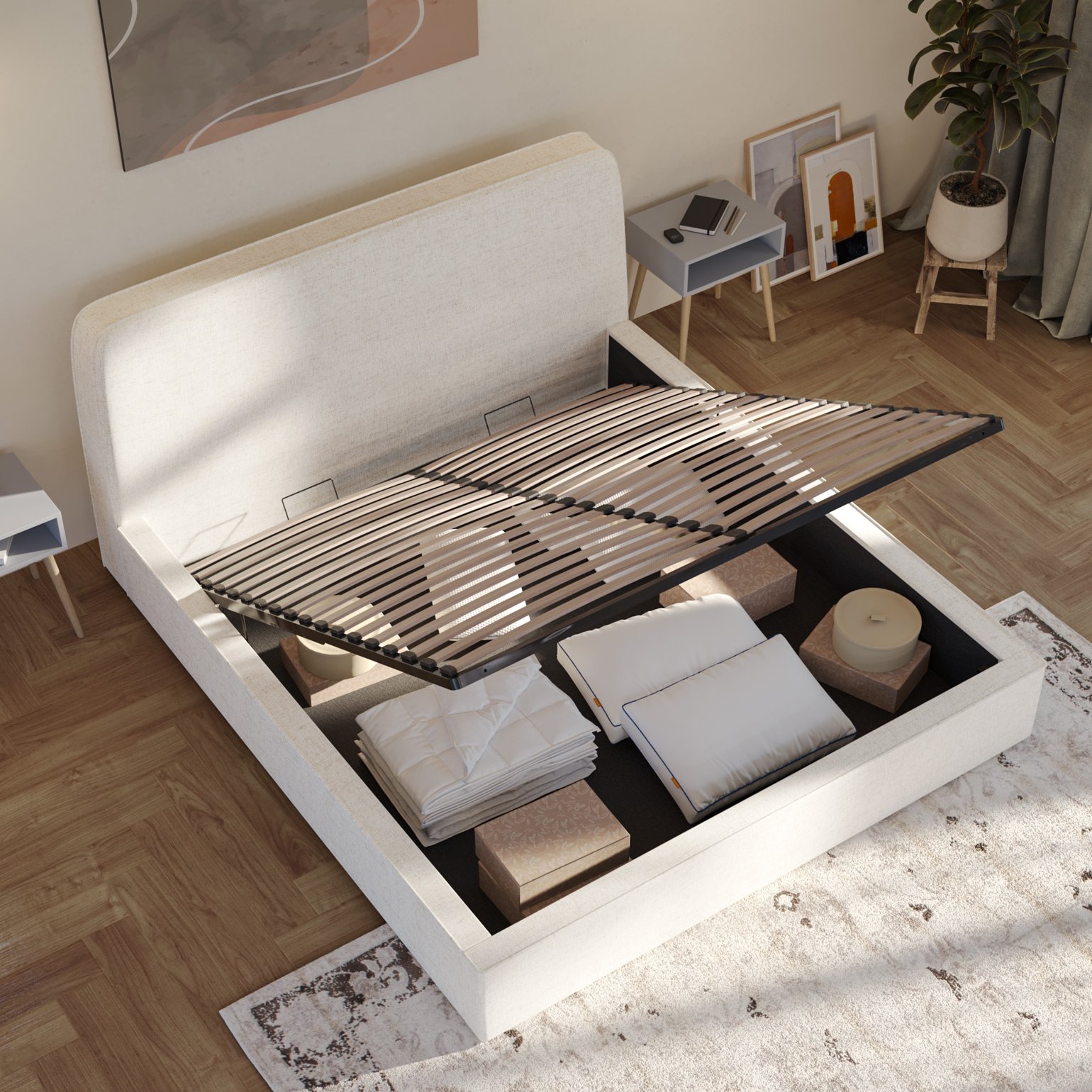 Overhead view of Emma storage bed with slatted base raised, revealing the under-bed storage compartment with folded bedding.