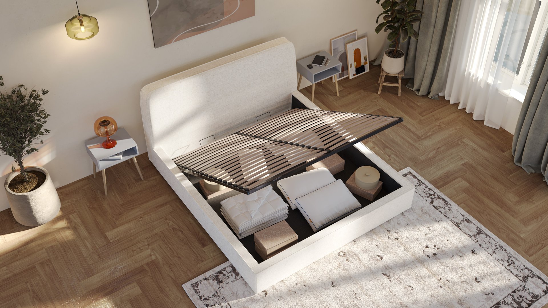Overhead view of Emma storage bed with slatted base raised, revealing the under-bed storage compartment with folded bedding.