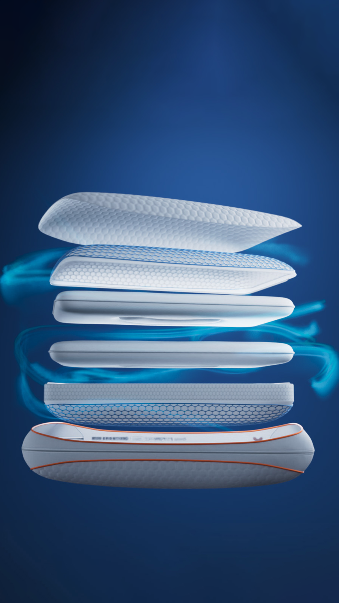 Emma Performance Adapt Pillow exploded-view with layers and airflow effects on dark blue background.