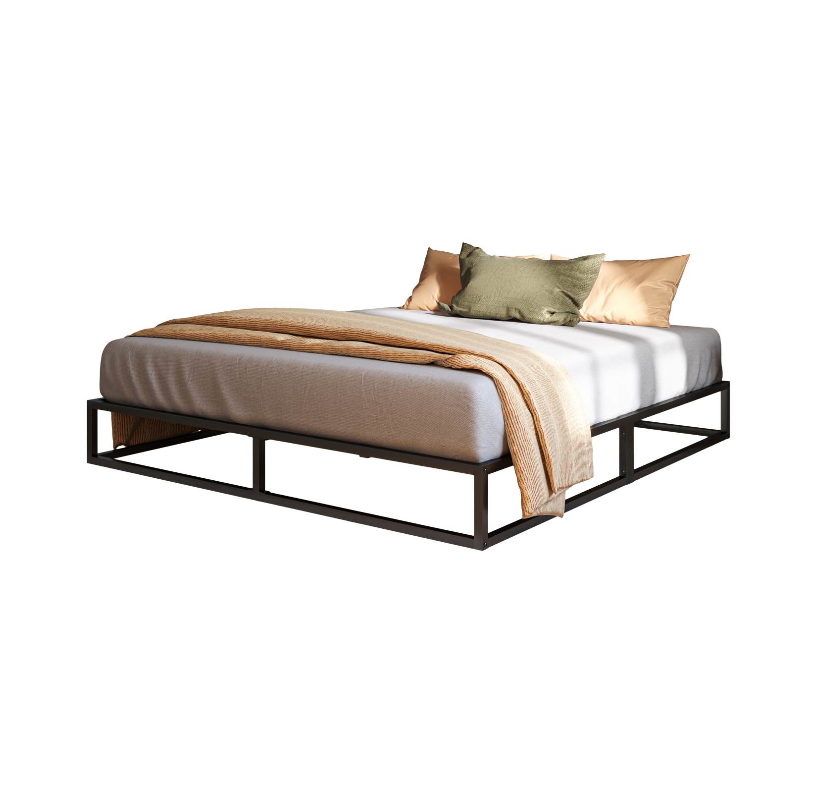 Letto moderno minimalista con struttura in metallo nero, copriletto chiaro e cuscini beige e verdi.