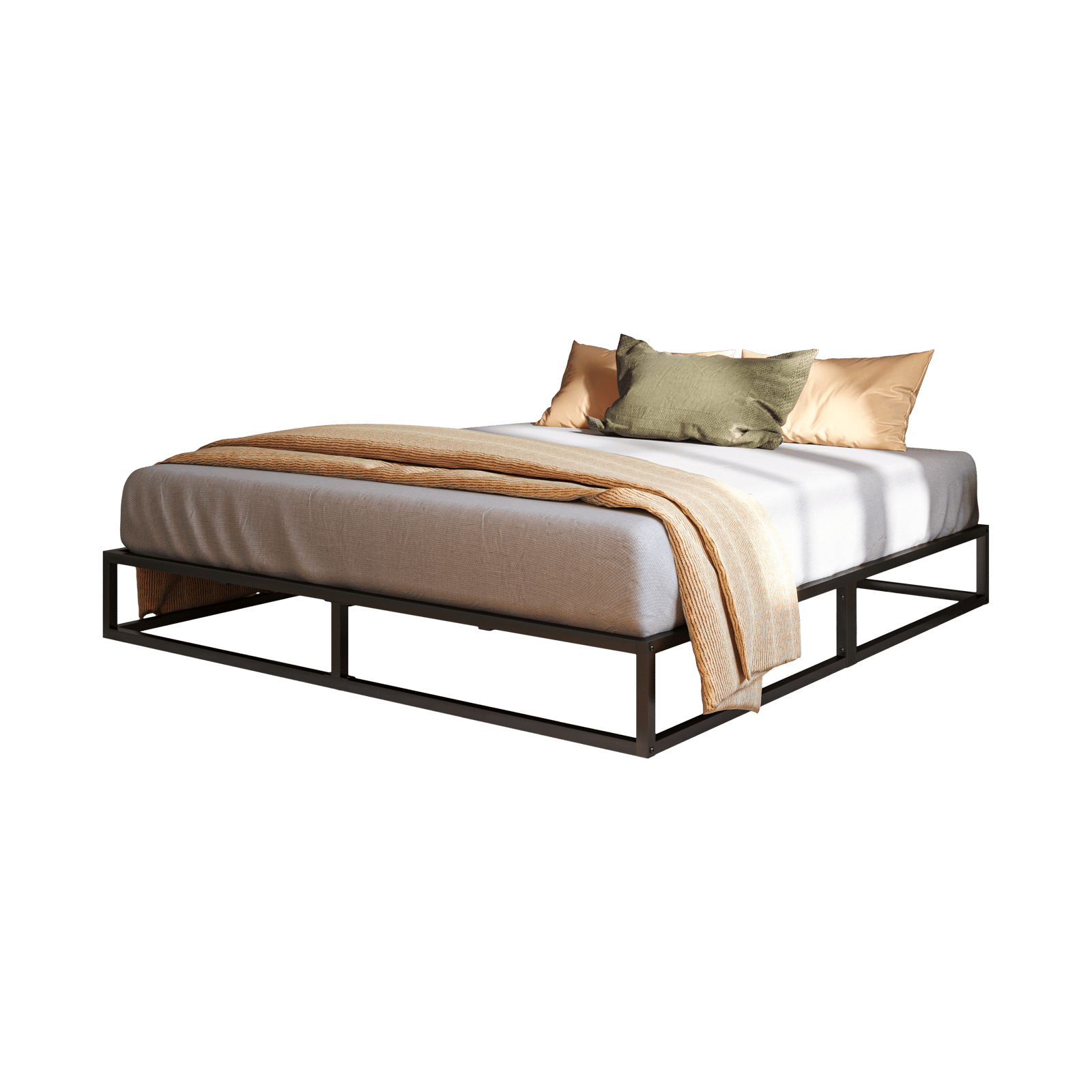 Letto moderno minimalista con struttura in metallo nero, copriletto chiaro e cuscini beige e verdi.