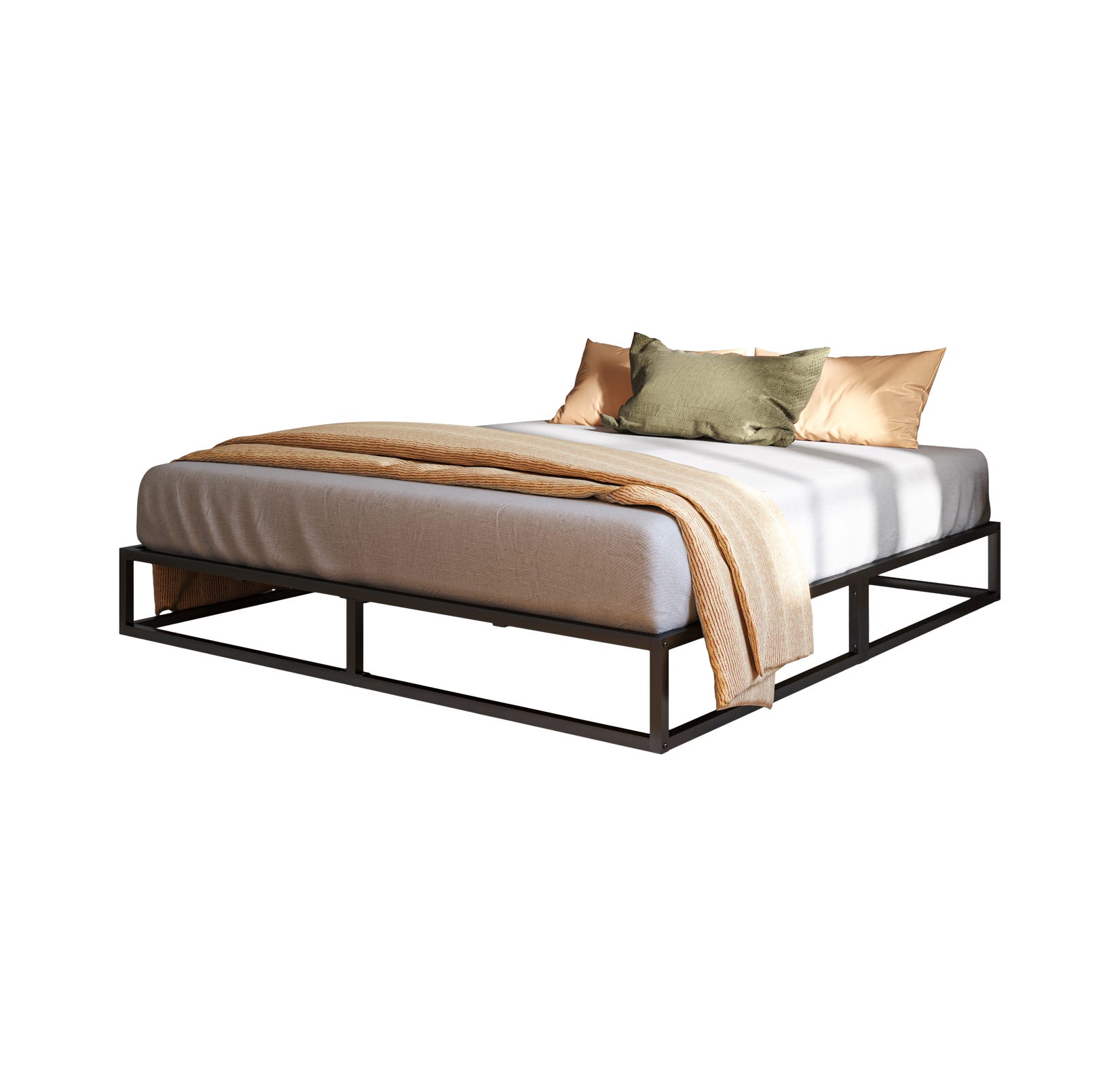 Letto moderno minimalista con struttura in metallo nero, copriletto chiaro e cuscini beige e verdi.