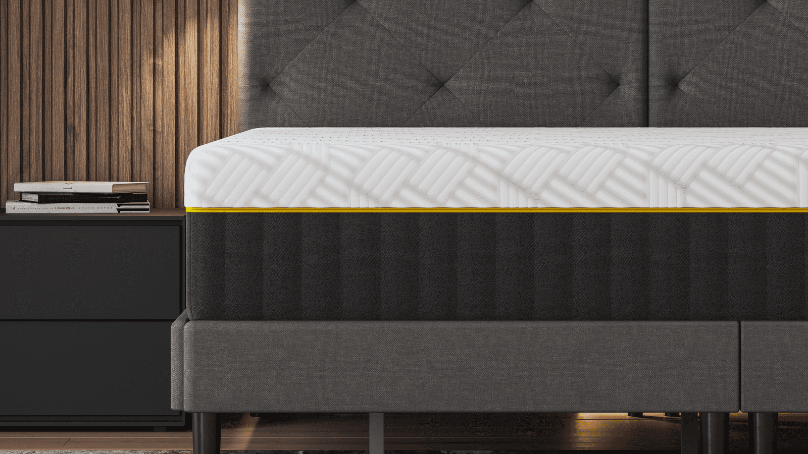 En este close-up del colchón Emma AirGrid Elite, se aprecian las capas avanzadas de AirGrid, diseñadas para ofrecer un soporte óptimo y una sensación de ingravidez. Detalle en alta definición que muestra la calidad y tecnología.