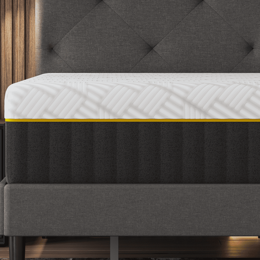 En este close-up del colchón Emma AirGrid Elite, se aprecian las capas avanzadas de AirGrid, diseñadas para ofrecer un soporte óptimo y una sensación de ingravidez. Detalle en alta definición que muestra la calidad y tecnología.
