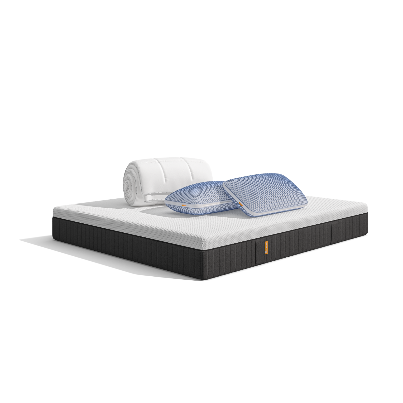  Uma imagem do pack Conforto Premium, que inclui um colchão Emma Hybrid Premium+, almofadas Microfibra Zero Gravity, e um edredon Emma Quente