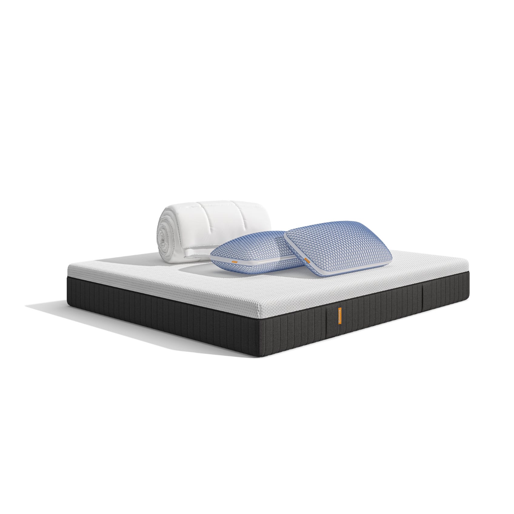 Uma imagem do pack Conforto Premium, que inclui um colchão Emma Hybrid Premium+, almofadas Microfibra Zero Gravity, e um edredon Emma Quente