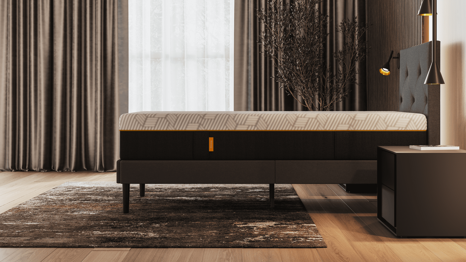 Disfruta de la elegancia del colchón Emma AirGrid Elite en una recámara moderna, capturado desde un ángulo lateral que resalta su diseño sofisticado y su avanzada tecnología de confort. 