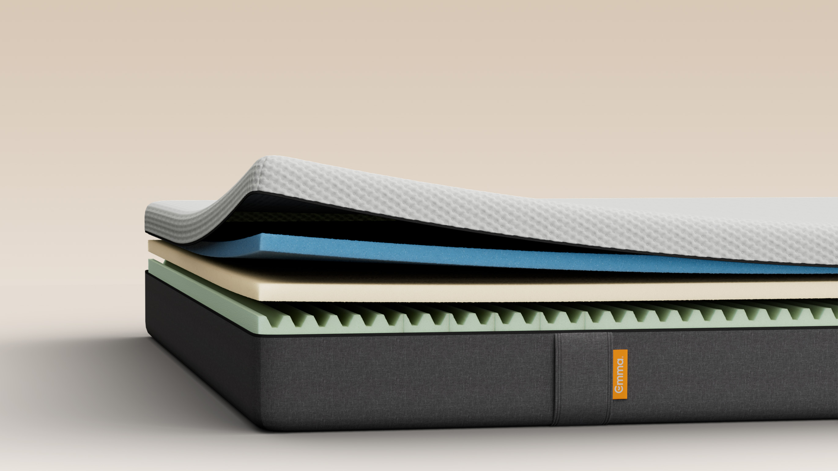 Illustrative cutaway showing the foam layers inside the mattress.