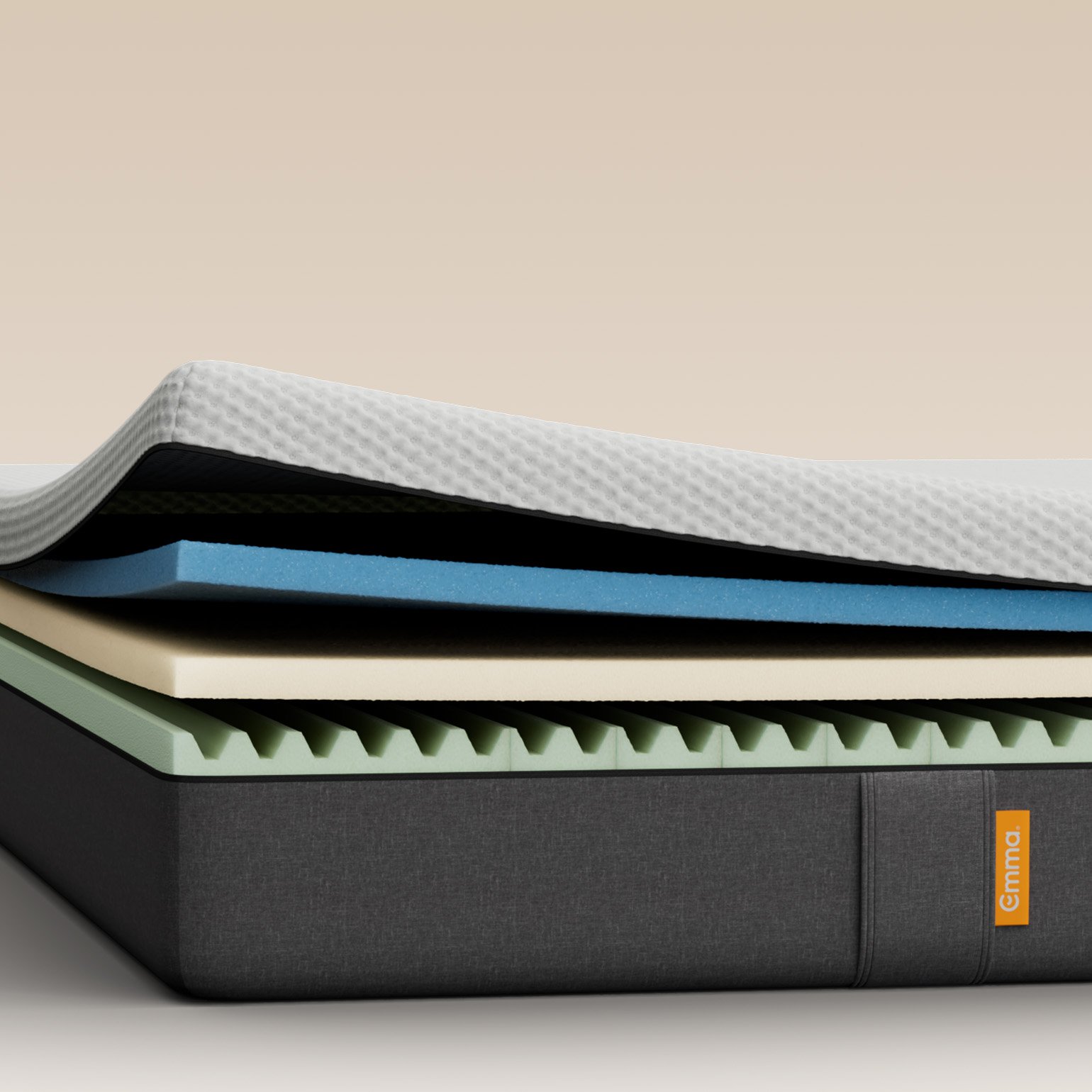 Illustrative cutaway showing the foam layers inside the mattress.