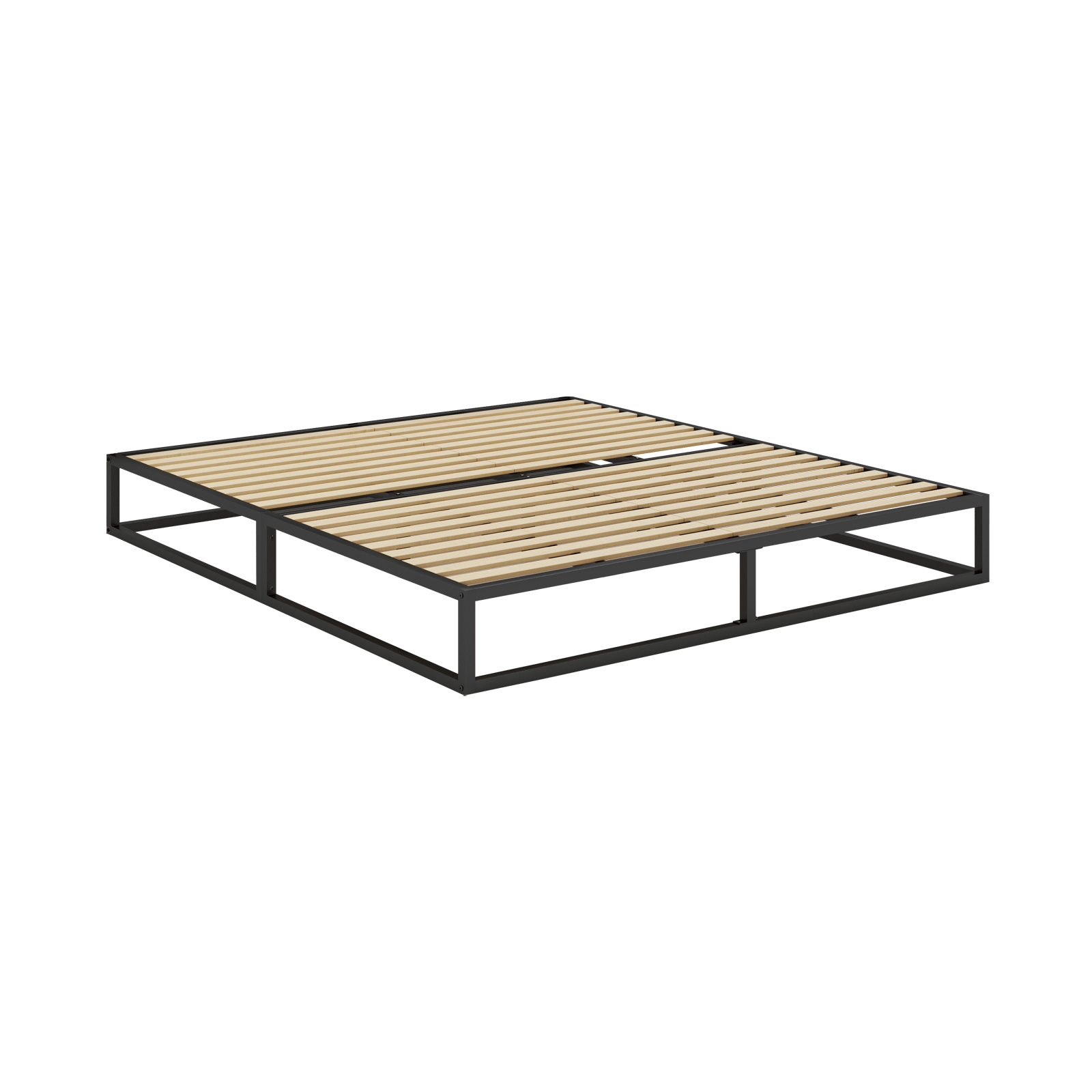 Struttura letto minimalista con superficie in legno e telaio in metallo nero.