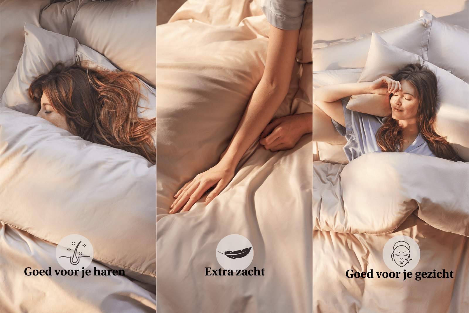 Drie beelden tonen voordelen van Emma Satijnen Hoeslaken Topper: links “Goed voor je haren” met persoon op satijnen kussen, midden “Extra zacht” met handen op satijn, rechts “Goed voor je gezicht” met persoon rustend op kussen—focus op haar-, huid- en comfortvoordelen.