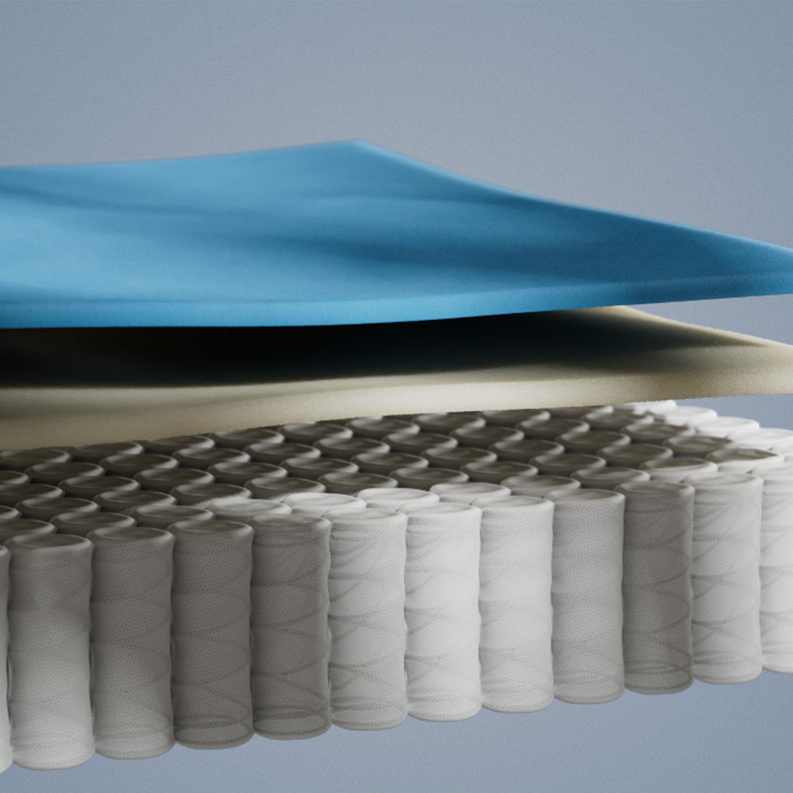 Coupe détaillée d’un matelas hybride montrant les couches de mousse et les ressorts ensachés pour un soutien ergonomique.