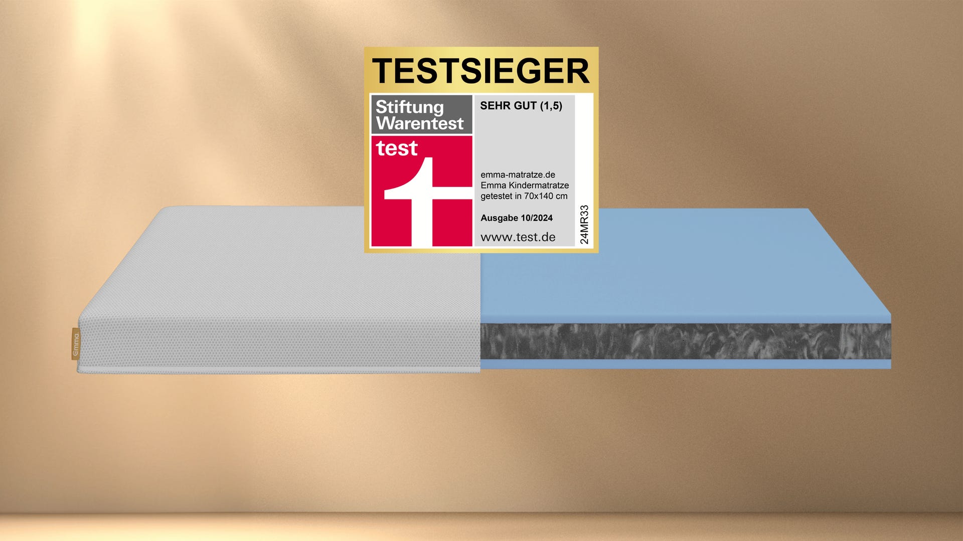 Emma Kindermatratze mit Stiftung Warentest Testsieger Note 1,5 (Sehr Gut), getestet in Größe 70x140 cm, Ausgabe 10/2024.