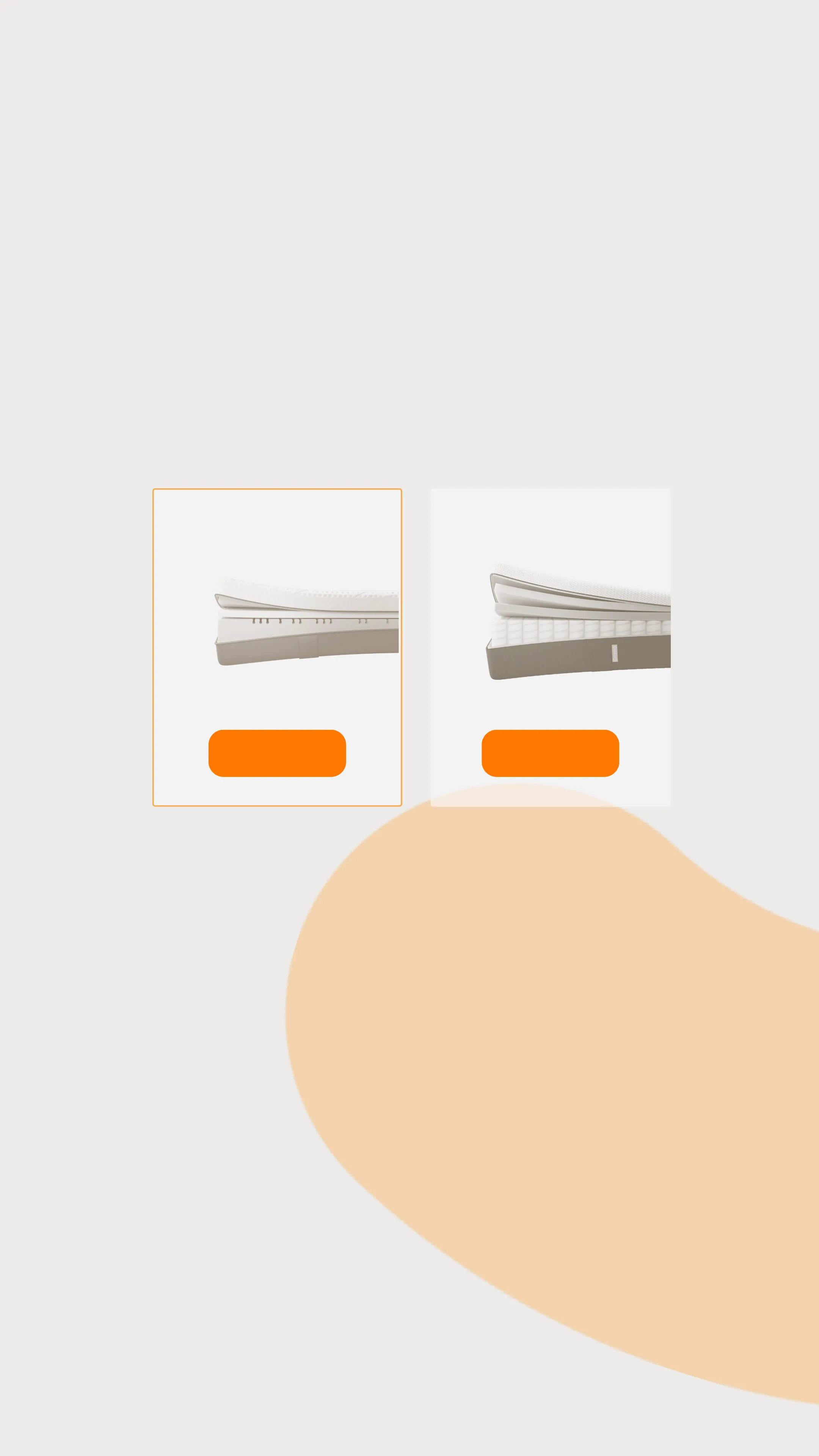 Schede comparative di materassi con immagini e pulsanti arancioni, parzialmente visibili