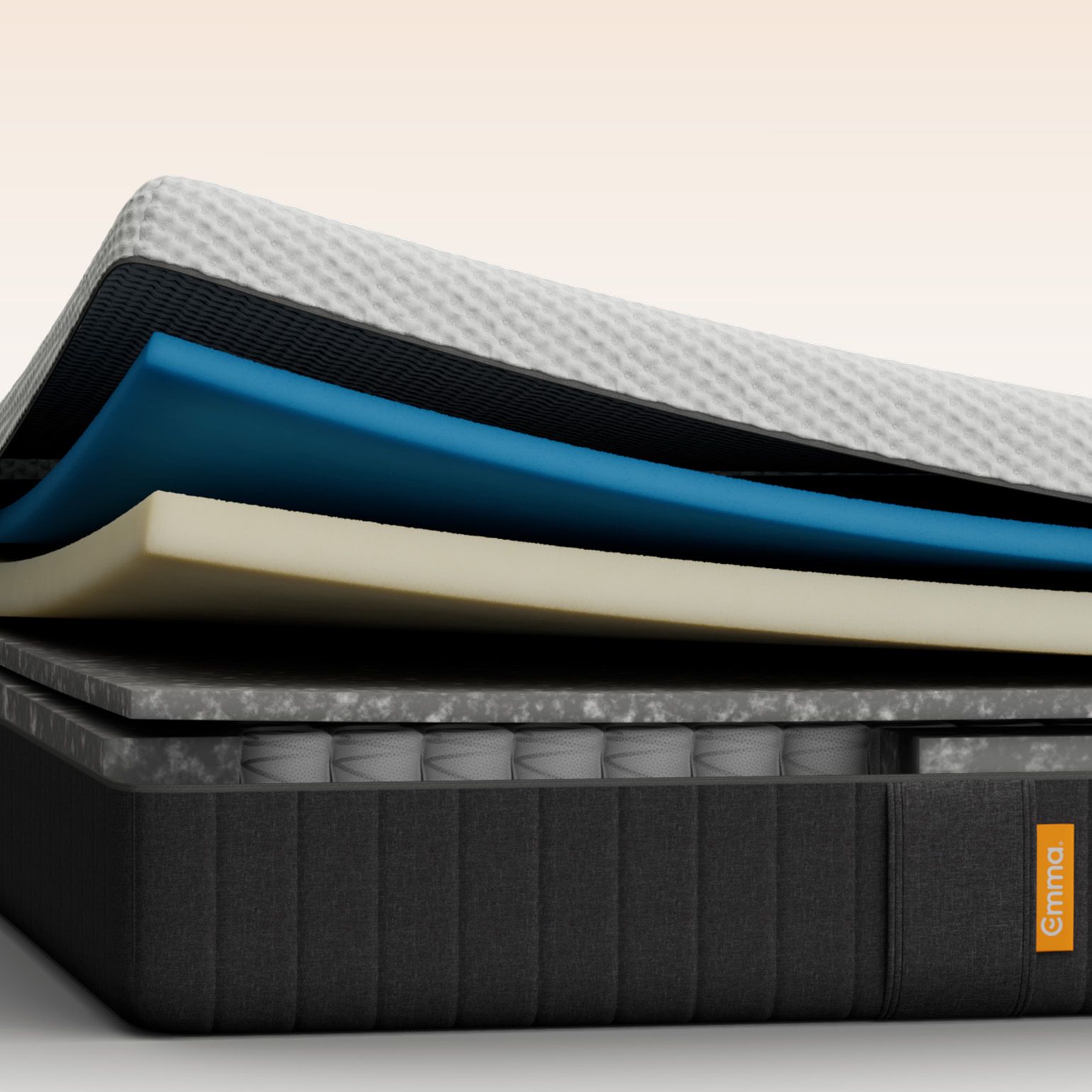 Emma Original mattress layers view showing multiple foam layers including a blue foam layer.