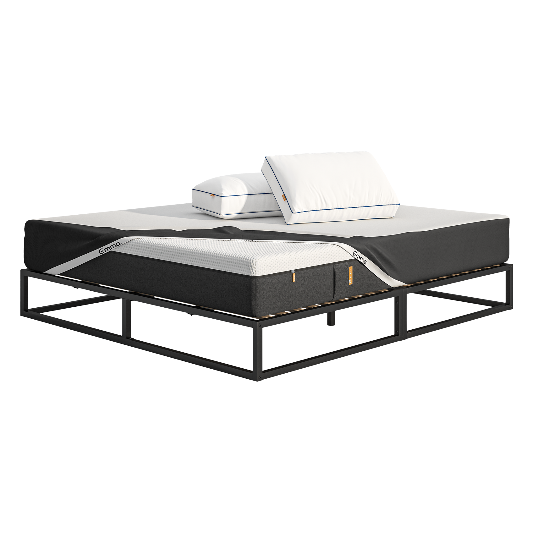 Emma Metal Bed Bundle. Includes Bed frame, mattress, pillows and an optional mattress protector.